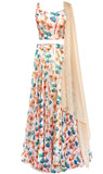 Sleeveless georgette cream floral lehenga with crop top and matching dupatta.