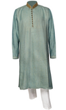 Green/blue kurta delicately embroidered with gold thread-work & It has matching white pants