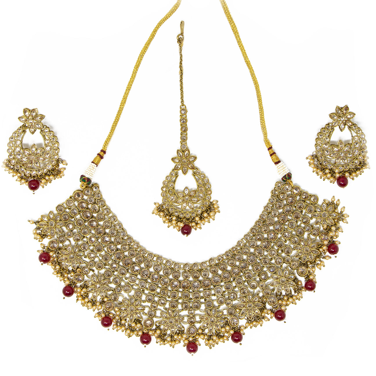 Red and Gold  Set of three pieces: a necklace, earrings, and bindi (forehead piece)