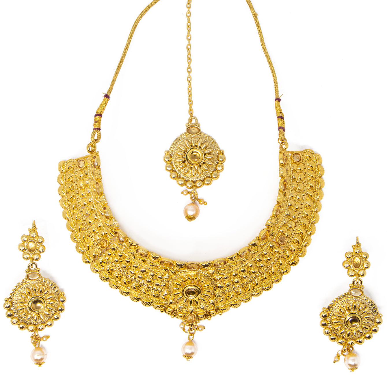 3 piece set Gold Necklace with earrings and bindi