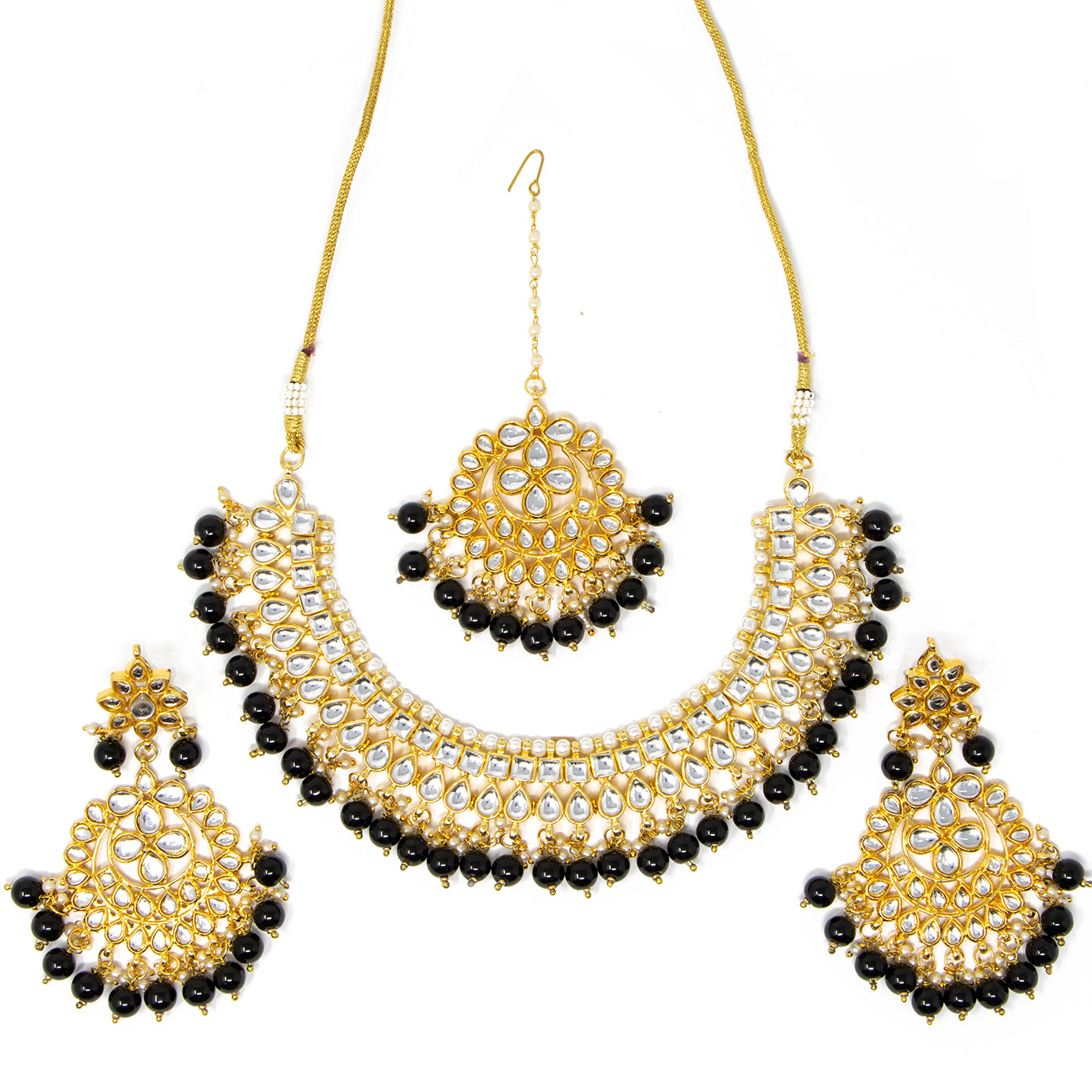 Black, Gold, Silver 3 piece Necklace with earrings and bindi