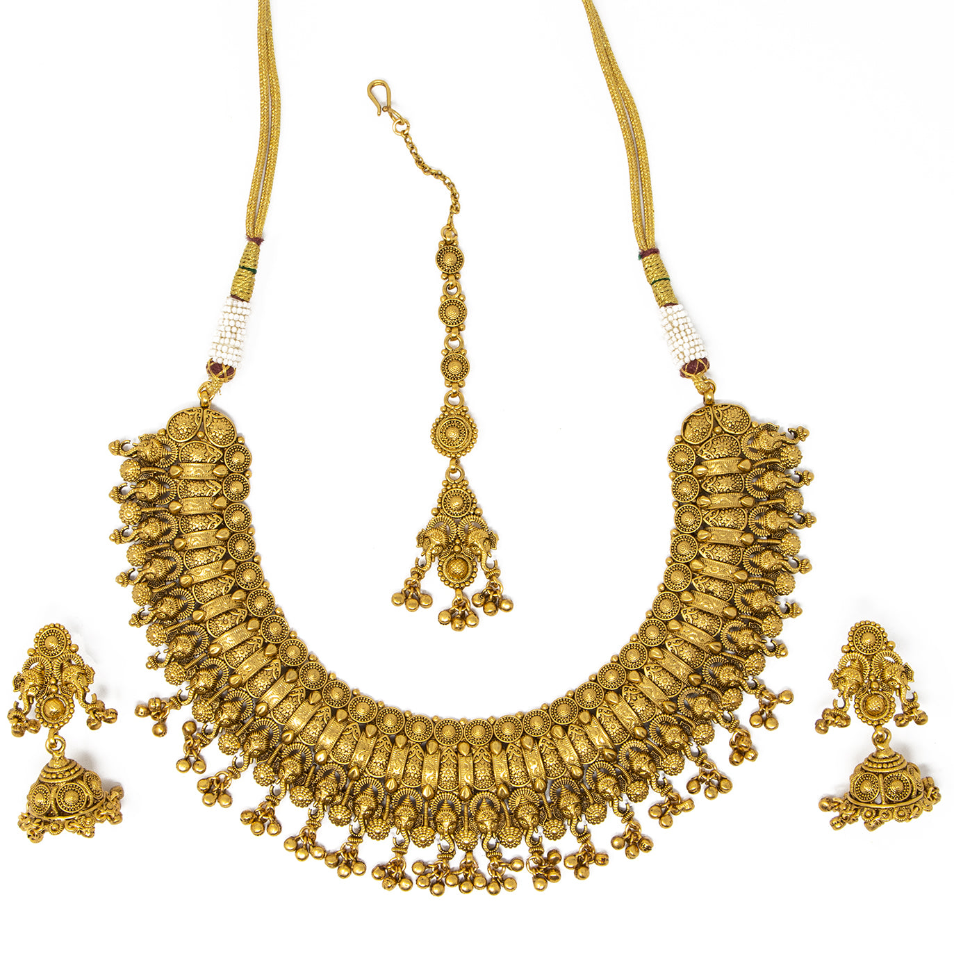 Gold 3 piece Necklace set with earrings and forehead piece