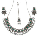  Silver and Green3 piece set: Necklace with earrings and bindi (forehead piece)