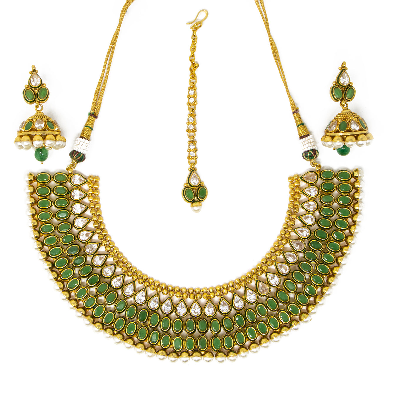 Gold and Green  3 piece set: Necklace with earrings and bindi (forehead piece)