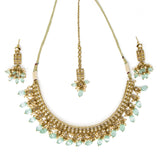 Gold and Blue 3 piece set: Necklace with earrings and bindi (forehead piece) for any occasion.