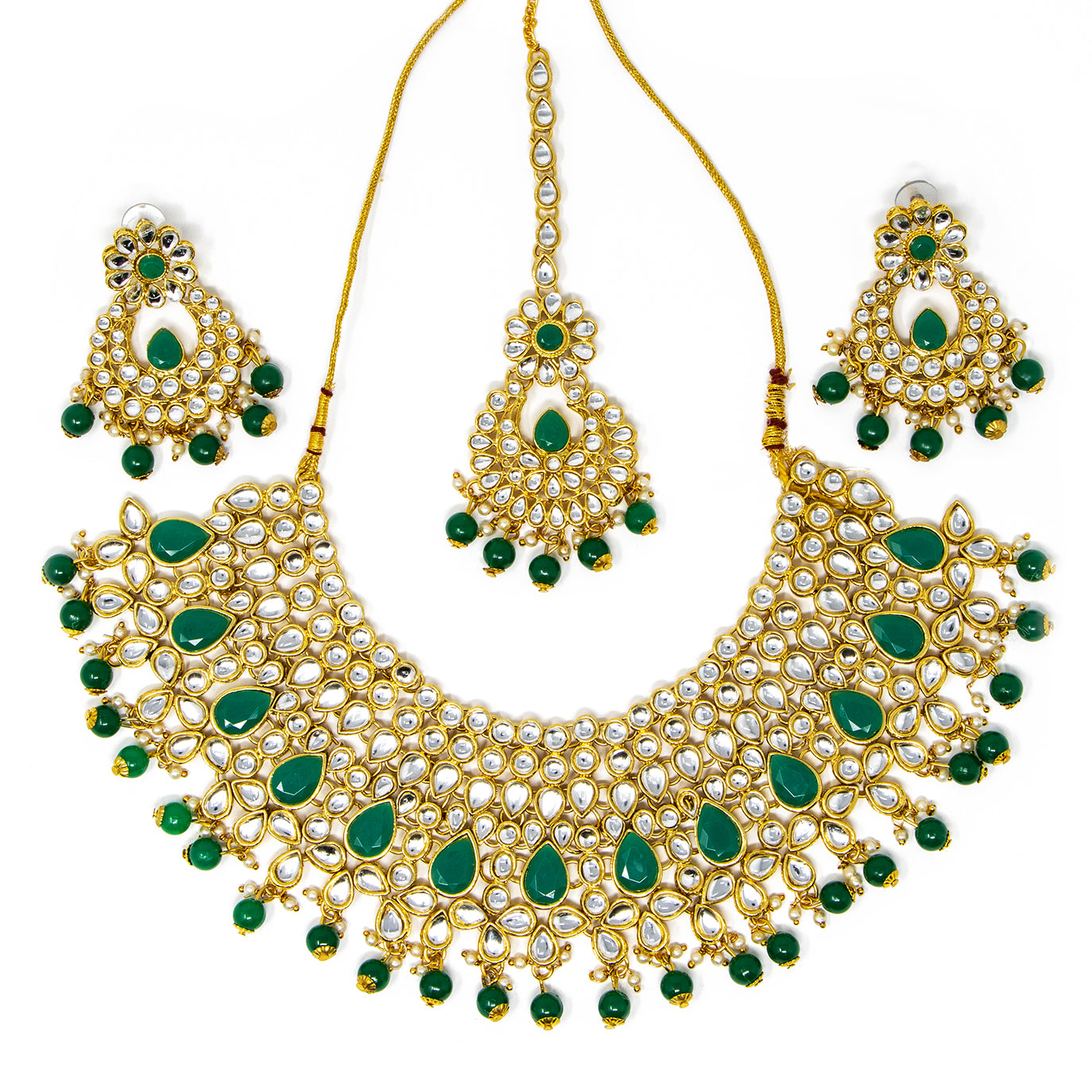  Necklace with earrings and bindi (forehead piece). Color: Gold and Green