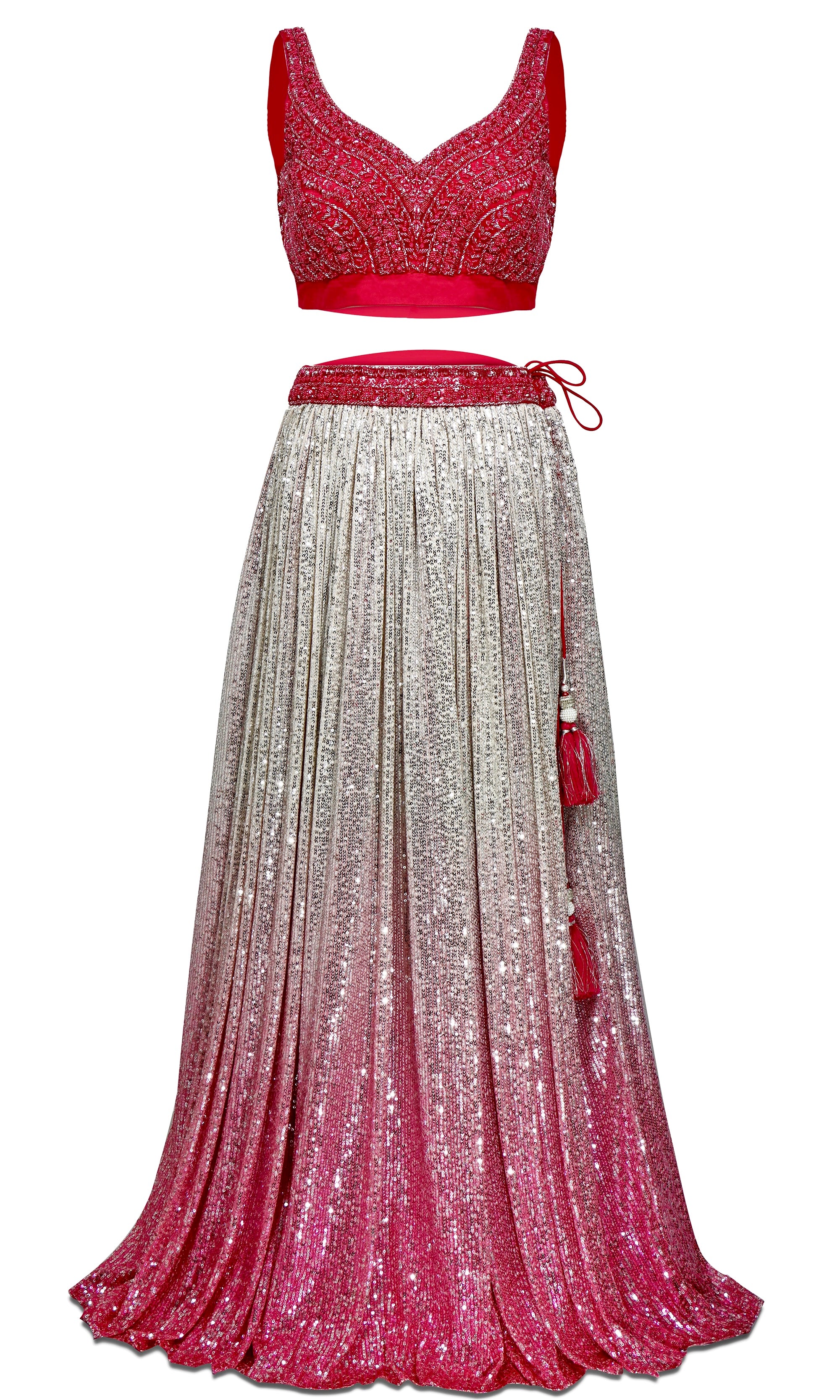 Hot pink & silver ombre Lehenga embellished with glittering sequins, has sleeveless crop top