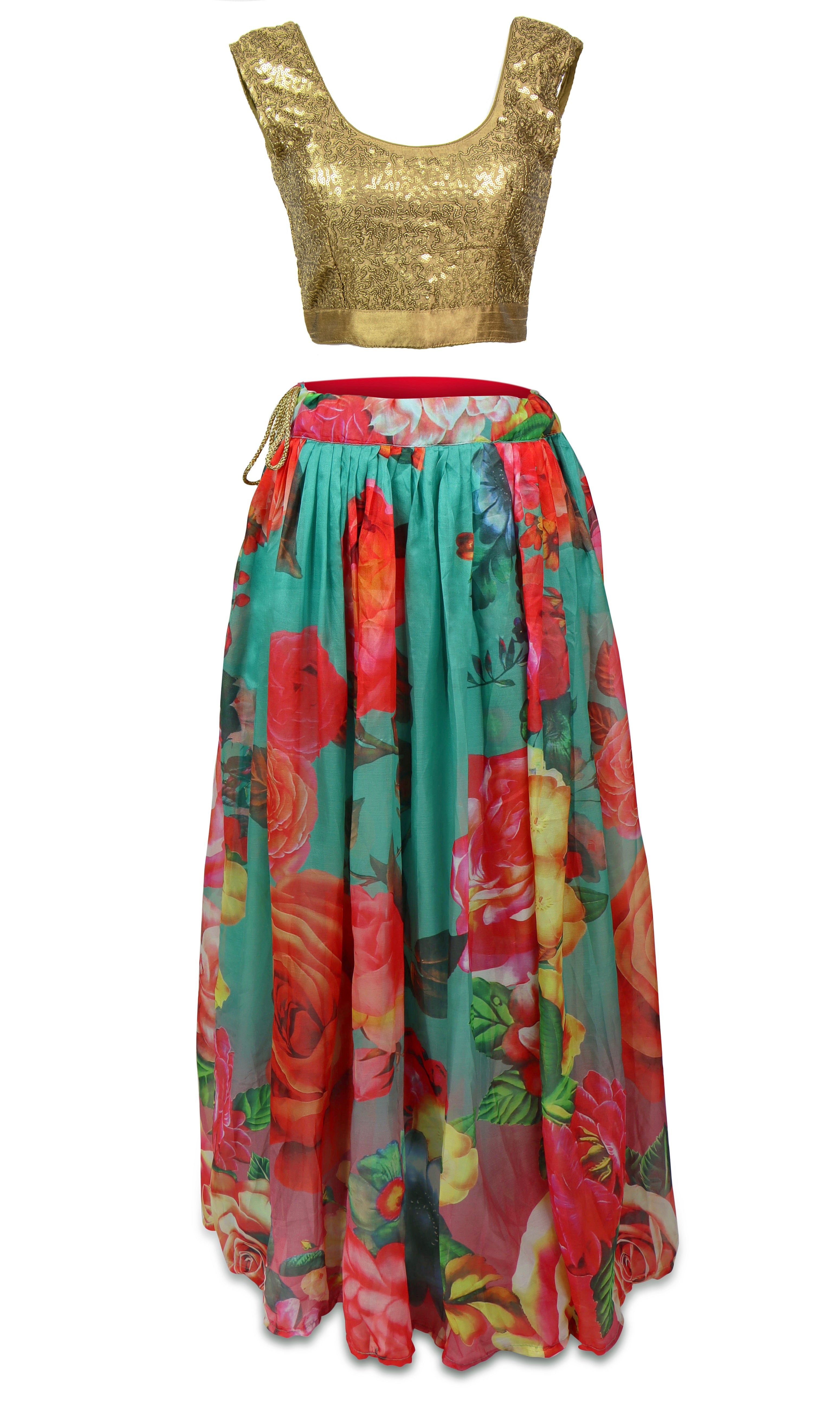  Floral lehenga with light & flowy. There are two options for a blouse: a plain hot pink or a gold sequined one.