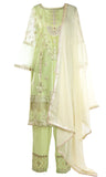 A lime green tunic with ruffle sleeves is garnished with lace and silver gemstones. 