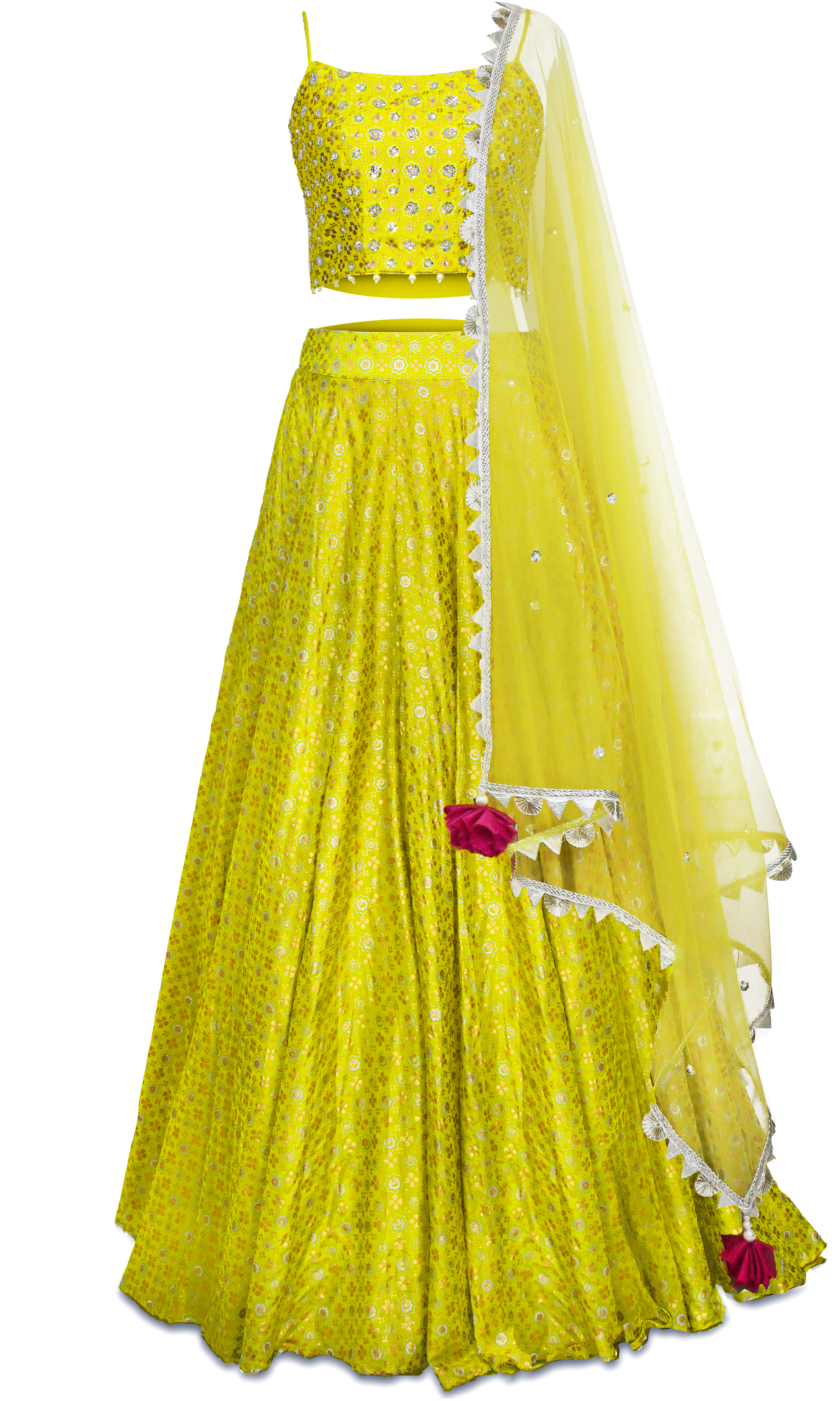 Yellow 3-piece lehenga with a strappy crop top and a blended silk base. 