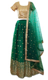 Gorgeous gold and green lehenga, 3-piece set. The blouse is covered in beautiful gold sequined embroidery.