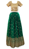 Stunning lehenga in gold and green. The blouse has exquisite gold sequined embroidery all over it.