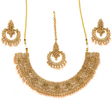 Gold/peach jewelry set- Necklace, earrings,& bindi covered clear crystals, peach beads, & mini pearls 