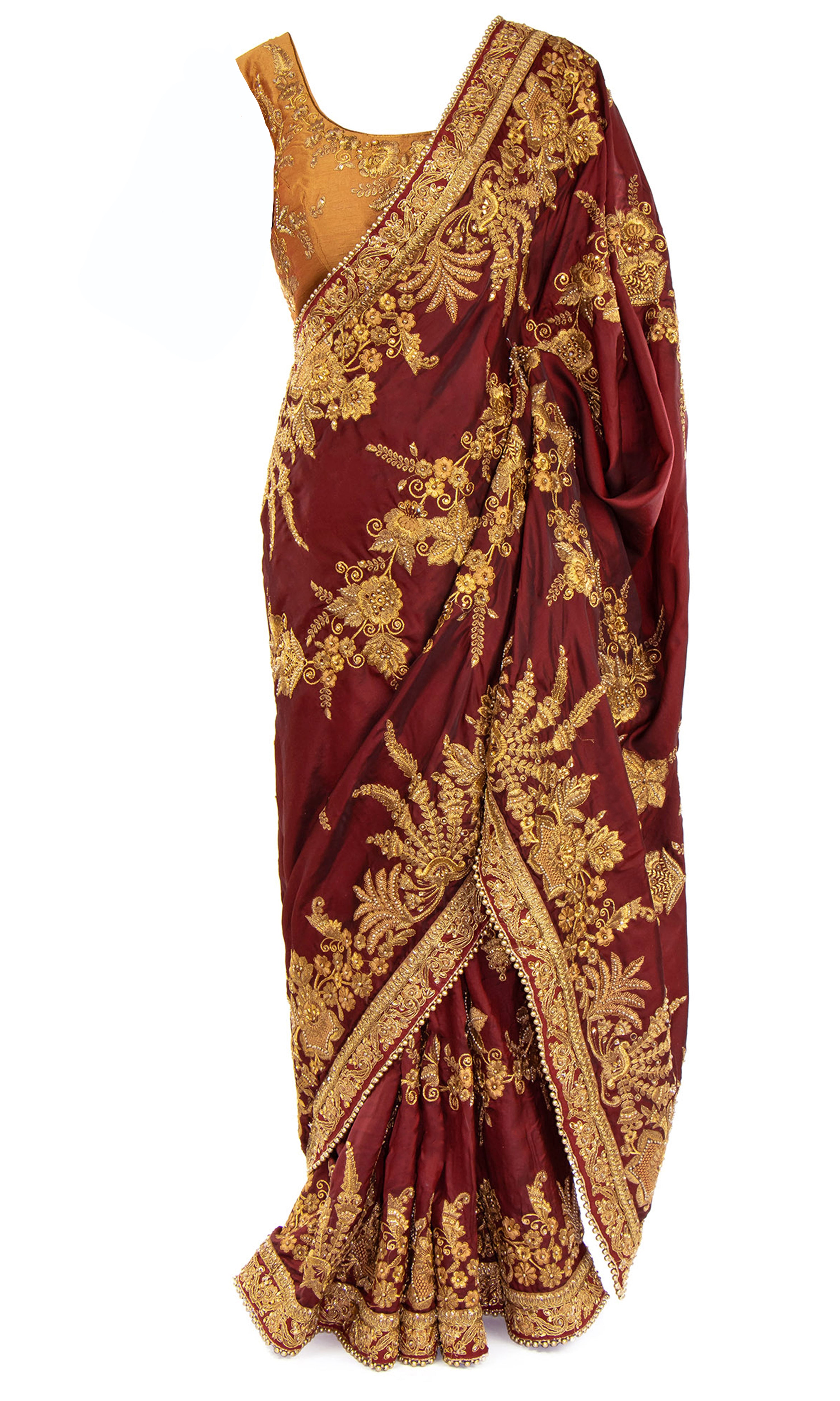 Ready-made and pre-pleated maroon silk Saree with burnt orange blouse & Matching petticoat. Beautifully embroidered with gold thread and beadwork, be the Queen that you are.