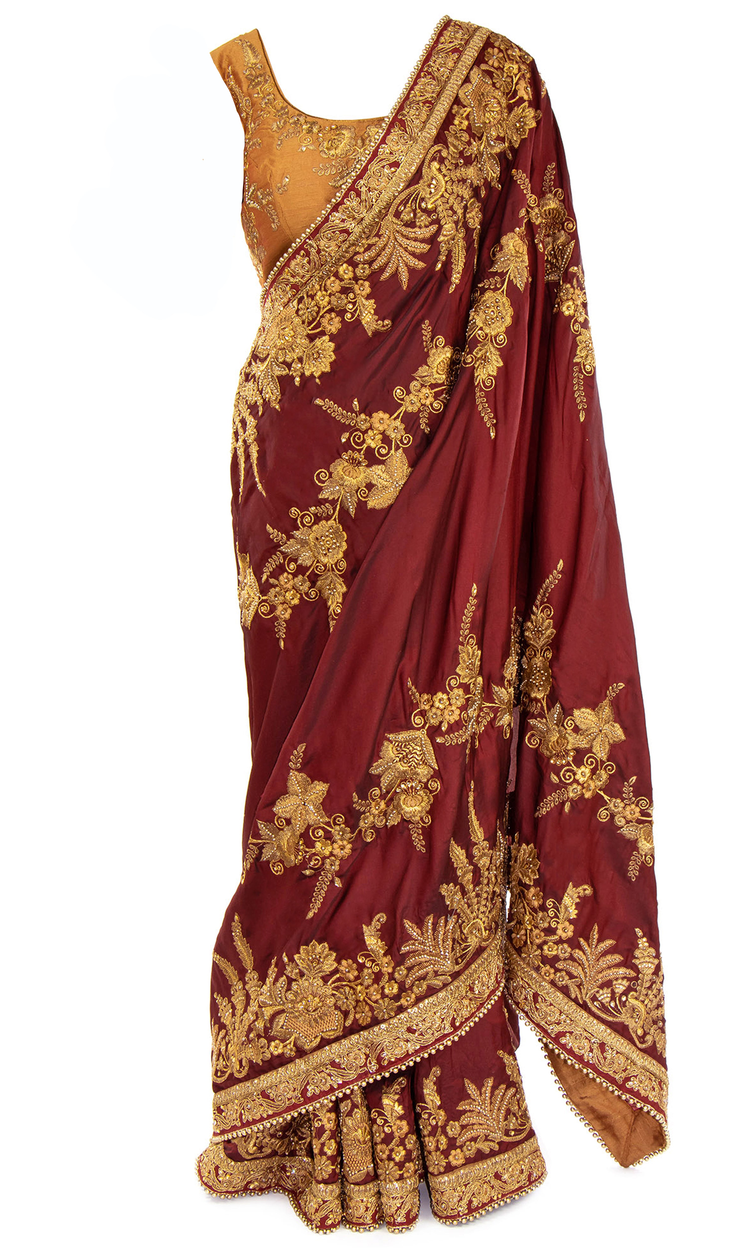 Pre-stitched maroon silk Saree with burnt orange blouse embellished with gold thread and beadwork