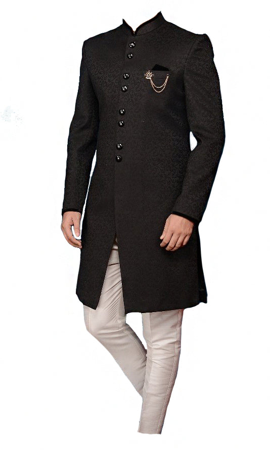 All-black sherwani with added subtle shine and black embroidery.
