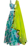 Sky blue multi-color floral print lehenga by Izzumi Mehta with mirror work on the blouse, the skirt waist.