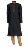 Black silk Kurta garnished with gold threadwork and crystals & has gold silk pant