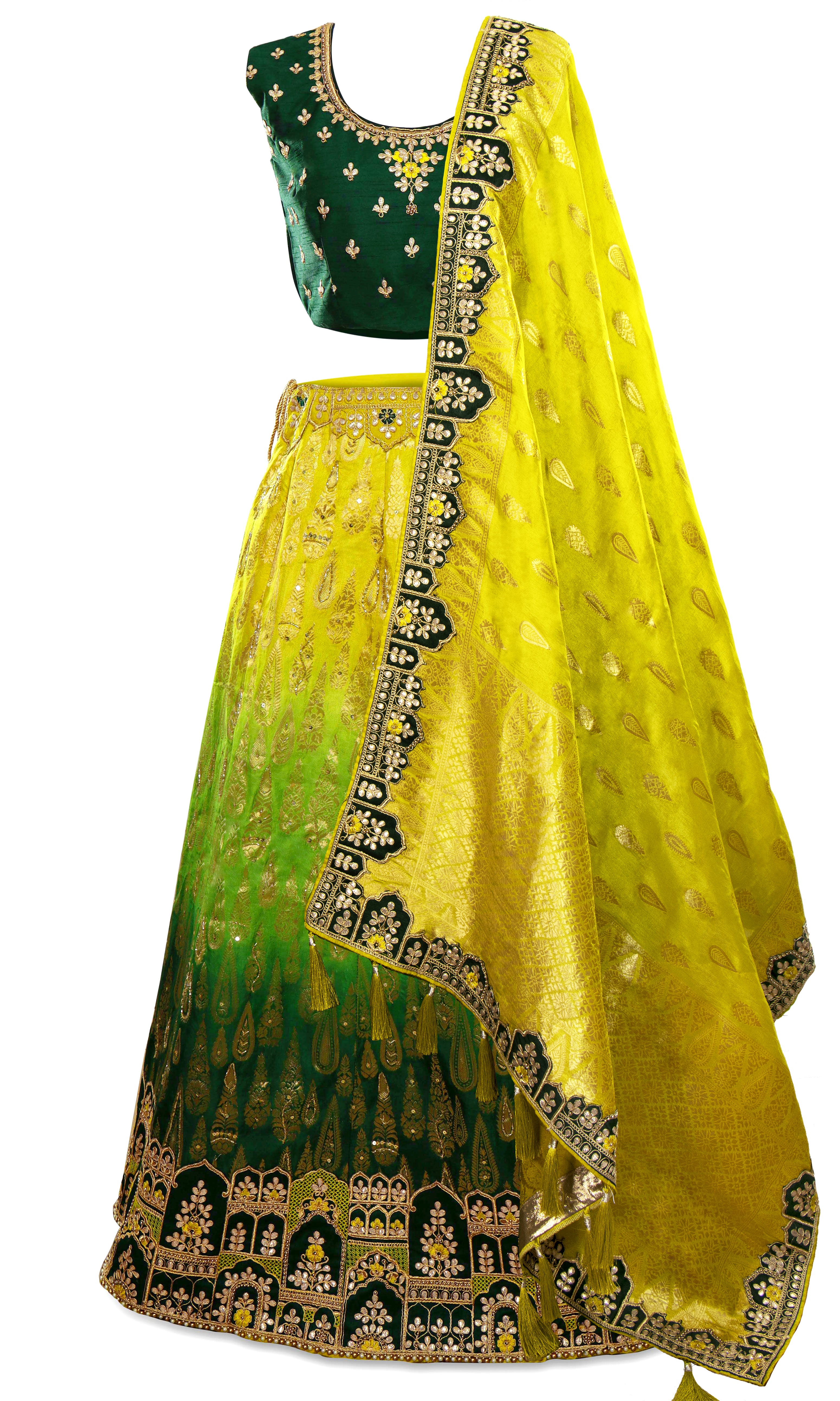 Banarsari silk lehenga with blouse, skirt, and the dupatta gold prints embroidered