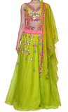 Green organza lehenga by Preeti S Kapoor with matching short blouse & stunning mirror work