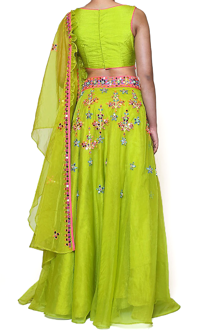Stunning Green organza lehenga by Preeti S Kapoor with matching short blouse & stunning mirror work