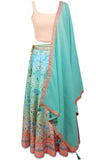 Blue, sliver/red ombre lehenga with glittery beads and crystals with matching petticoat
