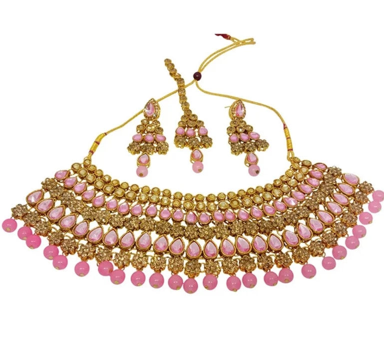 Pink and gold 3 piece Necklace with earrings and bindi (forehead piece)