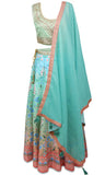 Blue, sliver/red ombre lehenga with gold crystals handwork & comes with matching petticoat & blue dupatta