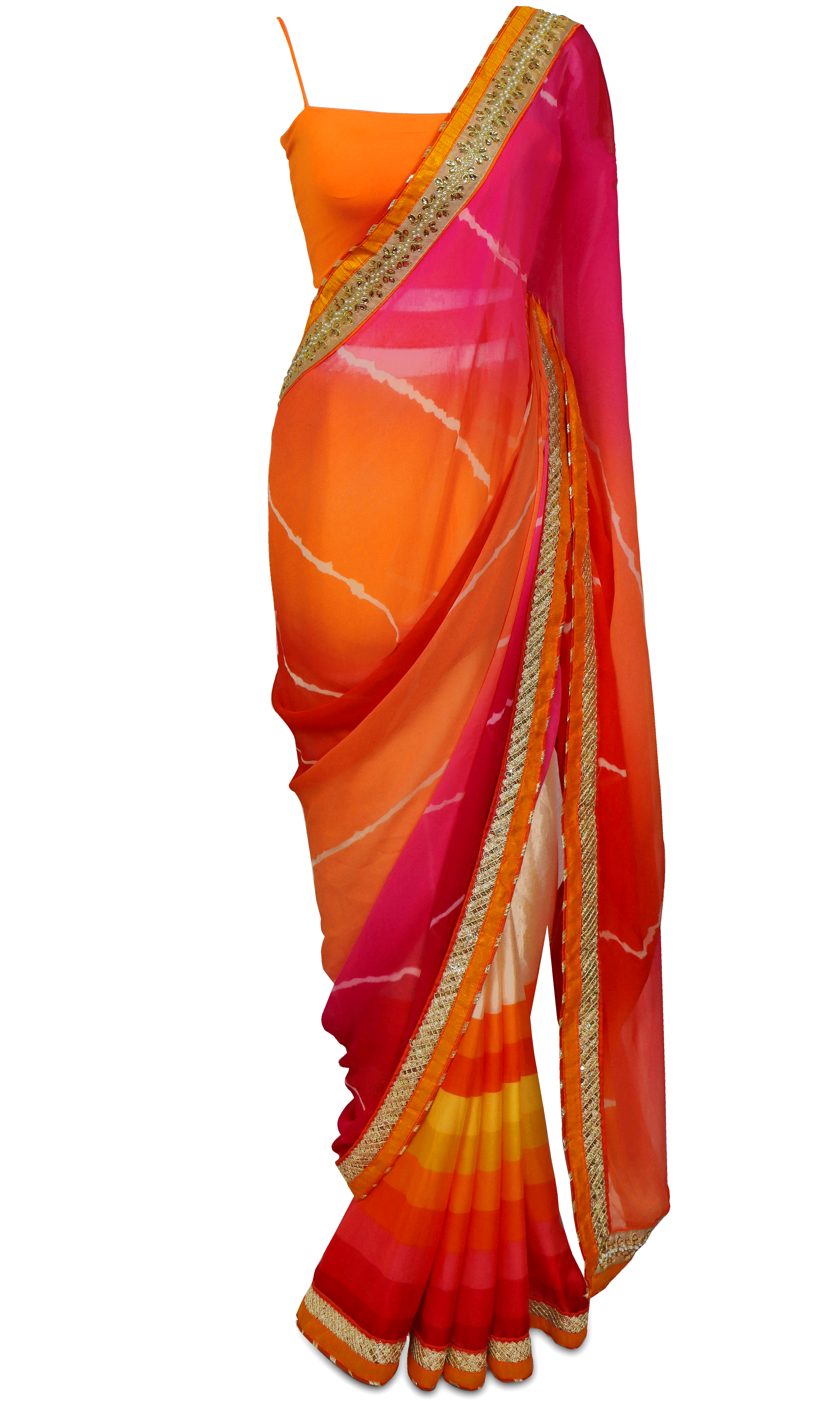 The vibrant orange, pink, red, and yellow ombre colors stand out and make this the perfect sari for any occasion!