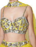 Bright yellow designer lehenga by Preeti S Kapoor with silver sequins embroidery, blouse & tulle dupatta.