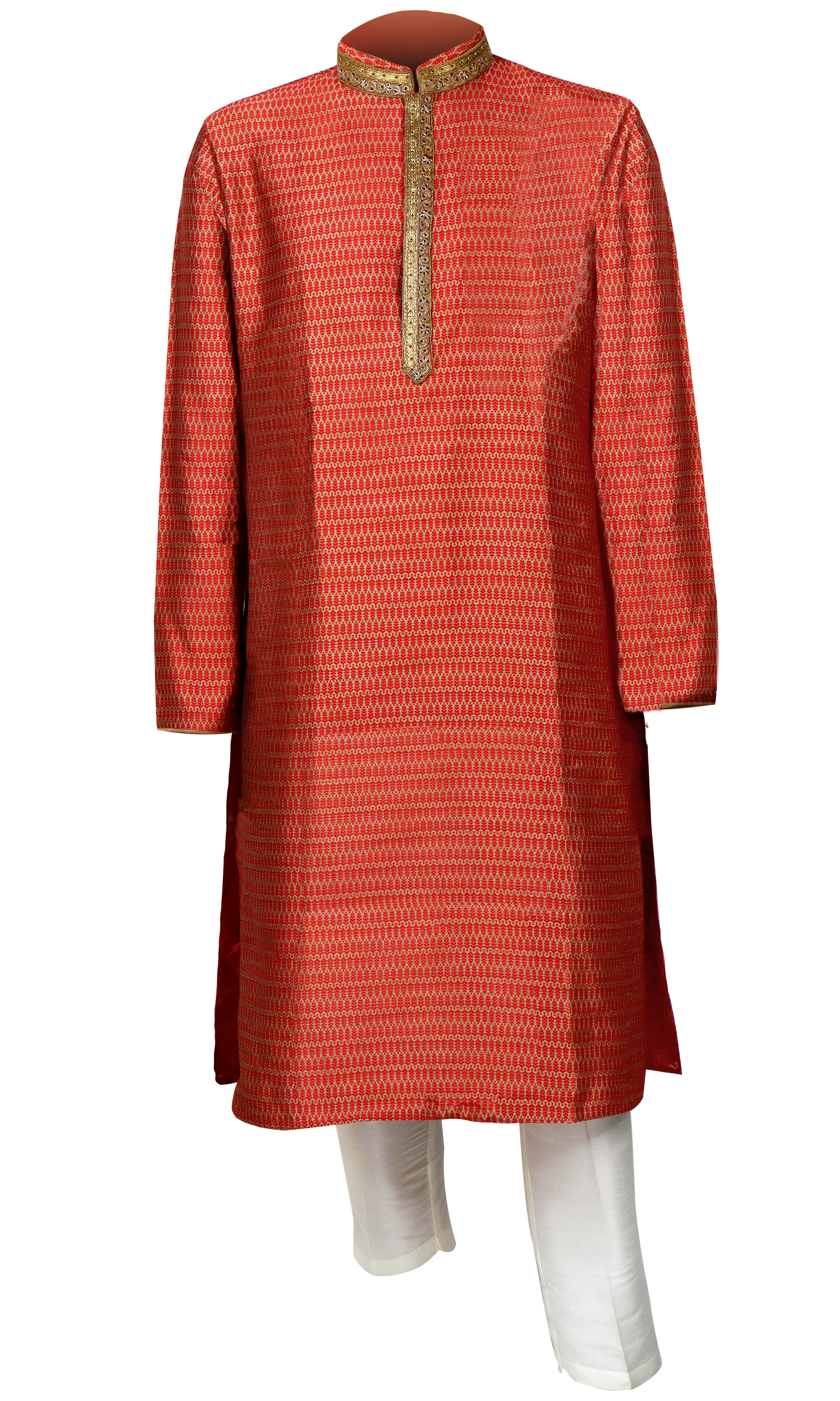 The kurta has gold embroidery and comes with a matching pair of pants!