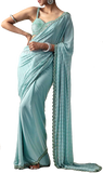 Pre-stitched Aqua blue scalloped saree by Preeti S Kapoor with hand embroidery all over. Paired with Matching petticoat.