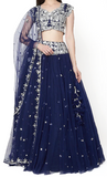 Midnight blue lehenga pair with tulle base and dupatta. Designer: Preeti S Kapoor