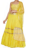 This gorgeous 3 piece lehenga features a yellow blouse, matching tiered lehenga and a scallop dupatta.