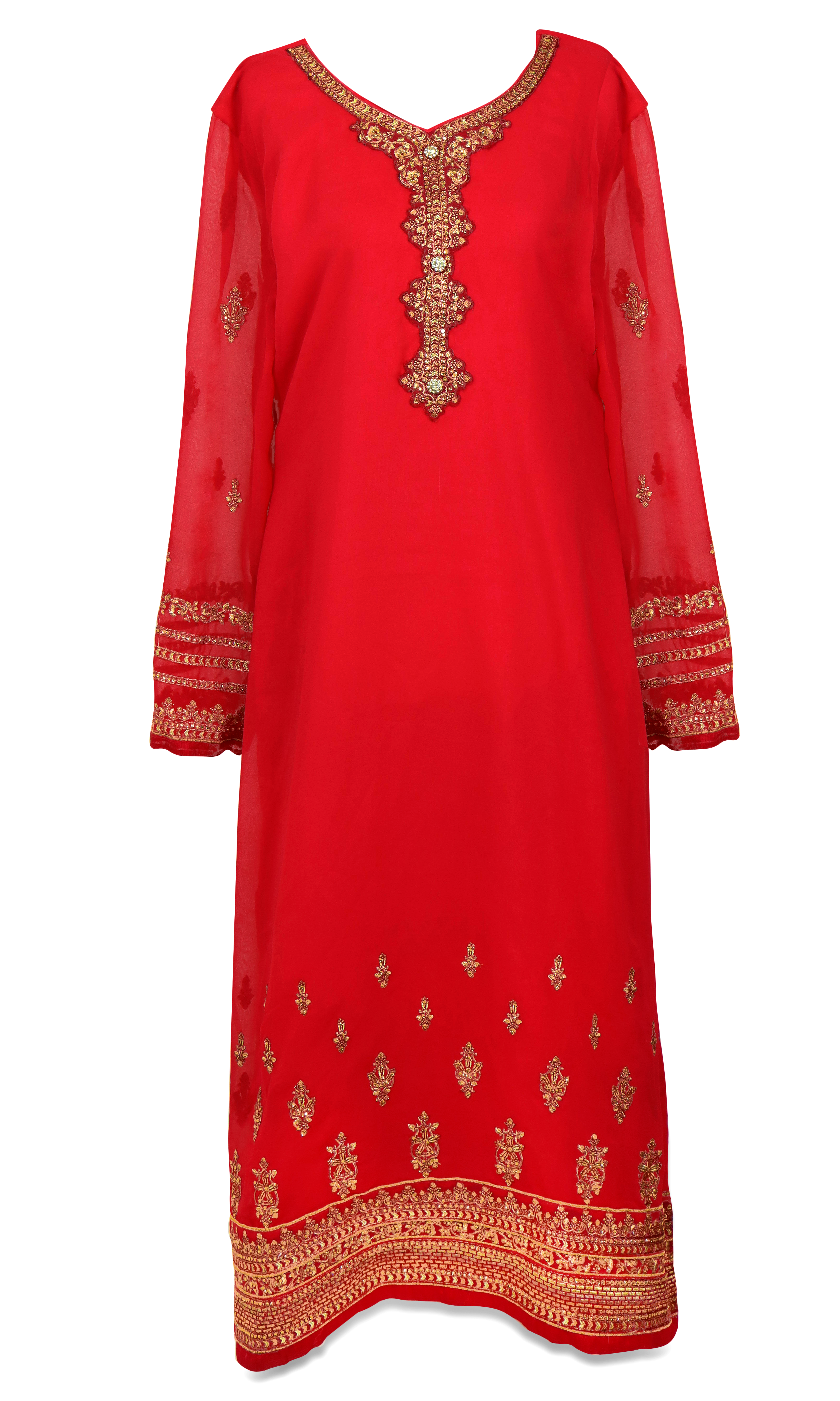  Stunning 3 piece coral red suit matching pants and a dupatta (shawl).