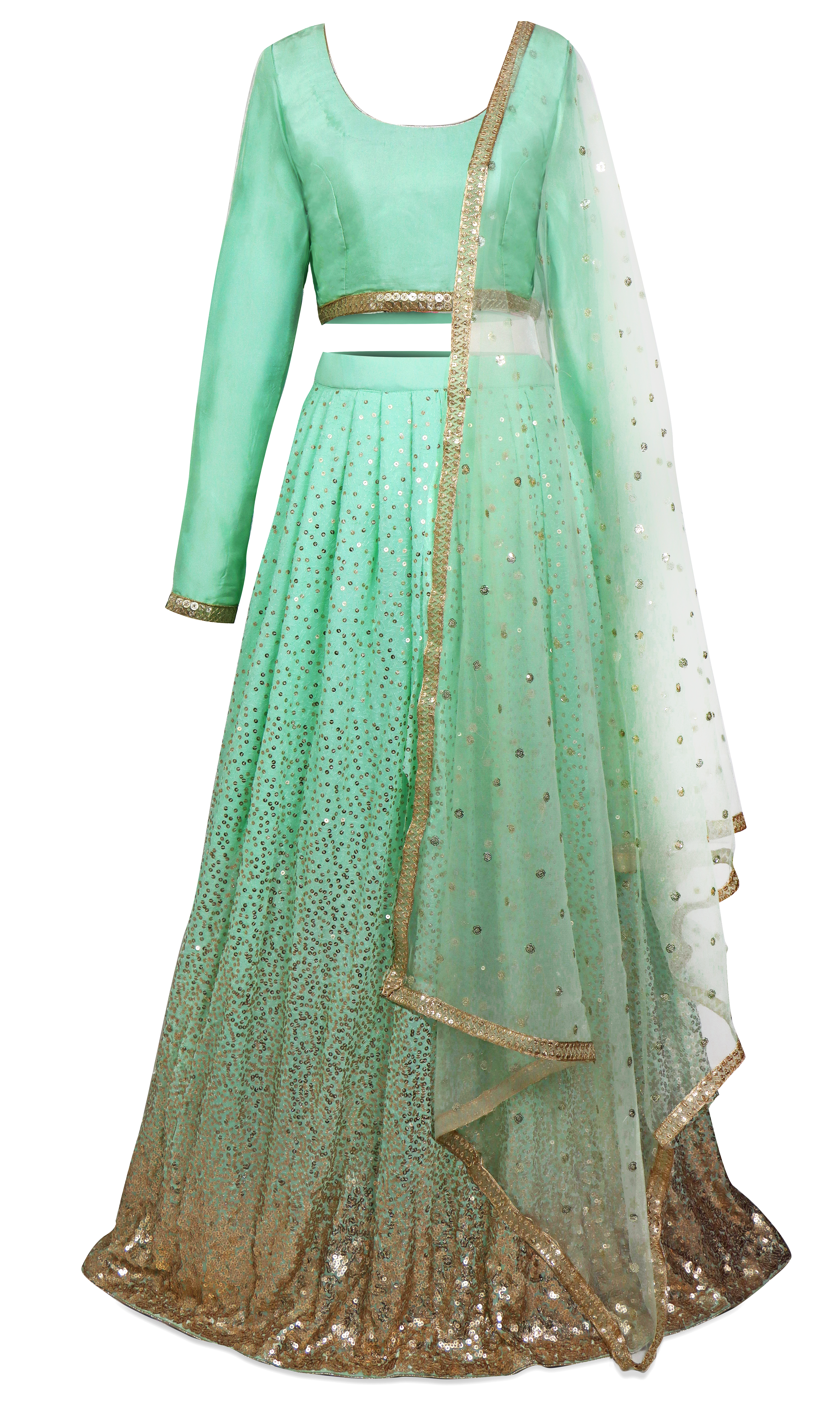 Sky blue Lehenga with pre-stitched blouse and included gold sequin borders of the blouse and dupatta!