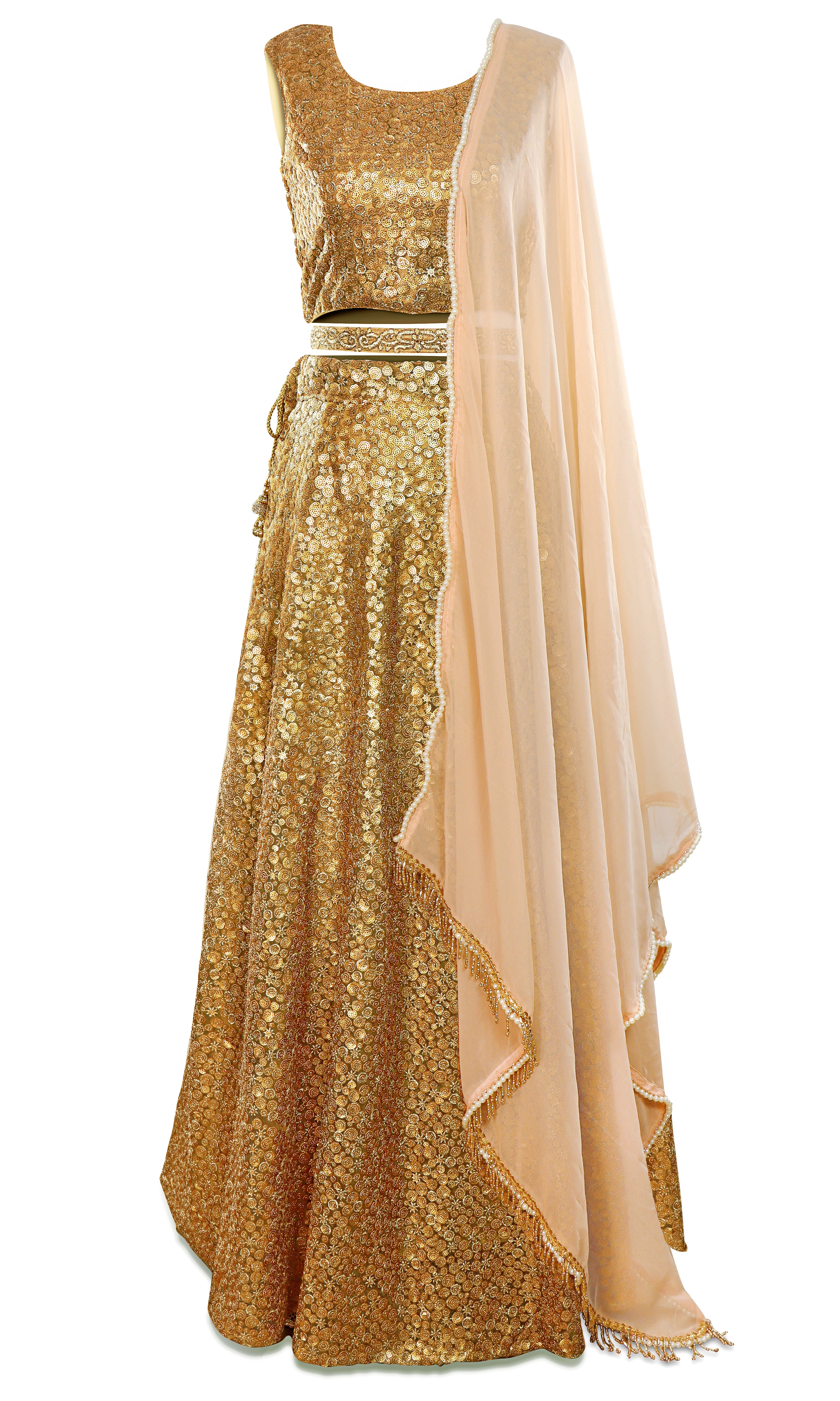 Gold lehenga lehenga is all hands on deck! Stunning pale pink dupatta with pearls and gold stones around the border.