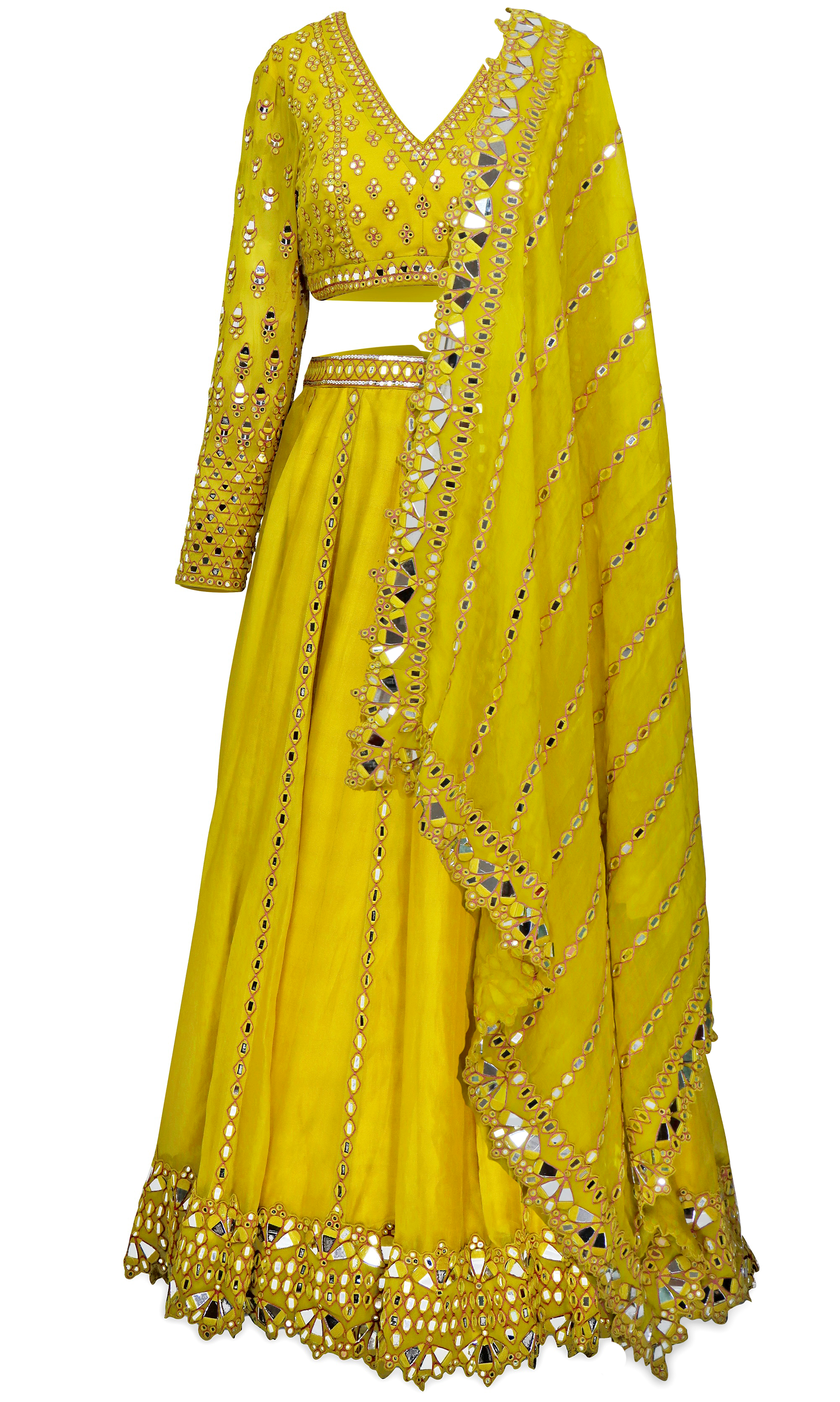 Moss Green/yellow 3-piece lehenga set including skirt, blouse, and dupatta