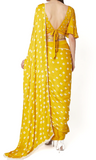 Yellow pre-stitched saree by Ruchira Nangalia with aari work embroidery & adjustable Blouse 