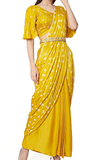 Yellow pre-stitched saree by Ruchira Nangalia with aari work embroidery and leheriya print