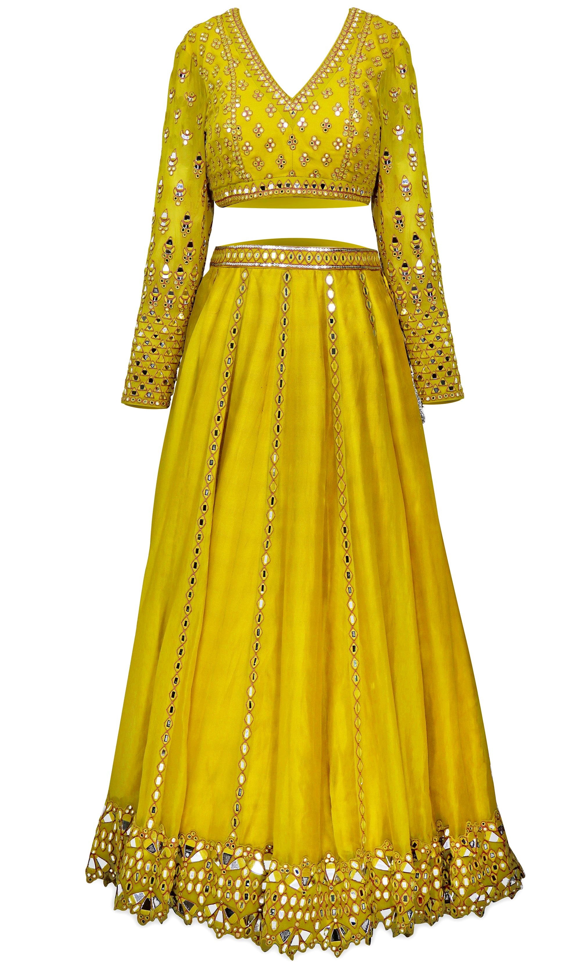 Moss Green/yellow 3 piece lehenga including skirt, blouse,& dupatta with gold stone work by Vani Vats